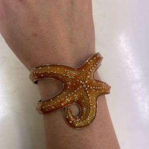 Chunky Starfish Star Orange White Guilloche Enamel Gold Tone Cuff Bracelet.